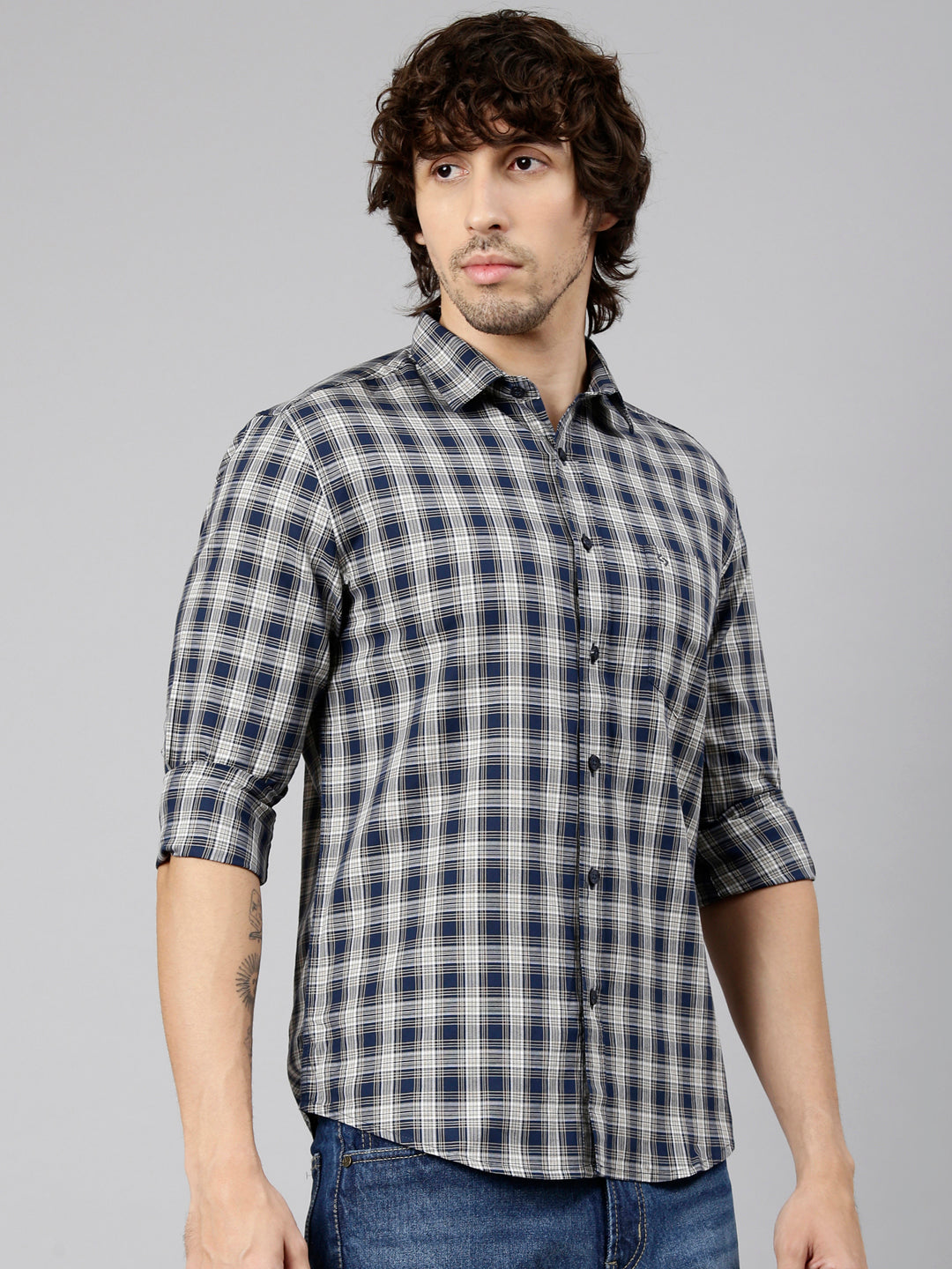 Classic Polo Men's Full Sleeve Navy Blue Polo Neck Slim Fit Checked Cotton Casual Shirt | LSHS1-EL-57 B-FS-CHK-SF