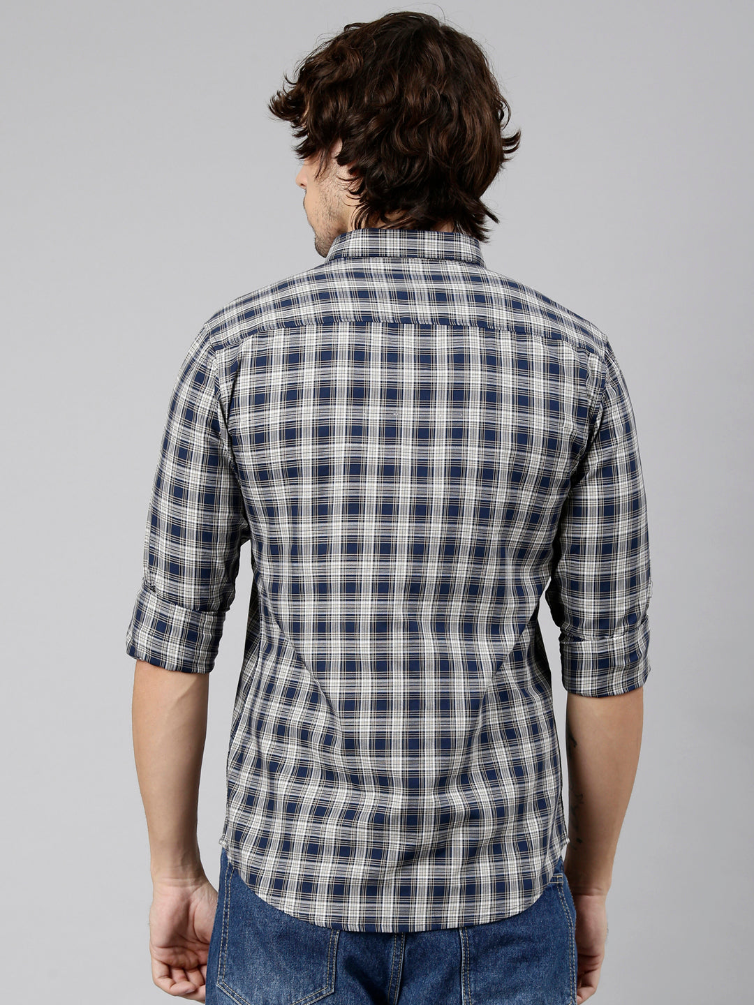 Classic Polo Men's Full Sleeve Navy Blue Polo Neck Slim Fit Checked Cotton Casual Shirt | LSHS1-EL-57 B-FS-CHK-SF