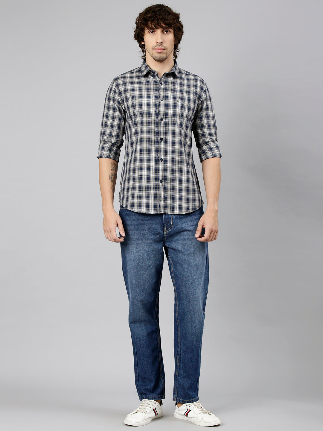 Classic Polo Men's Full Sleeve Navy Blue Polo Neck Slim Fit Checked Cotton Casual Shirt | LSHS1-EL-57 B-FS-CHK-SF
