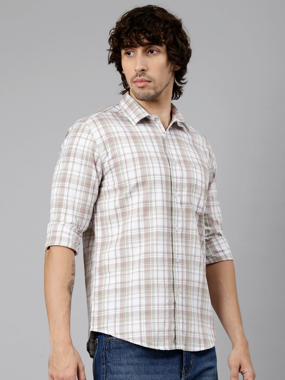Classic Polo Men's Full Sleeve White Polo Neck Slim Fit Checked Cotton Casual Shirt | LSHS1-EL-58 A-FS-CHK-SF