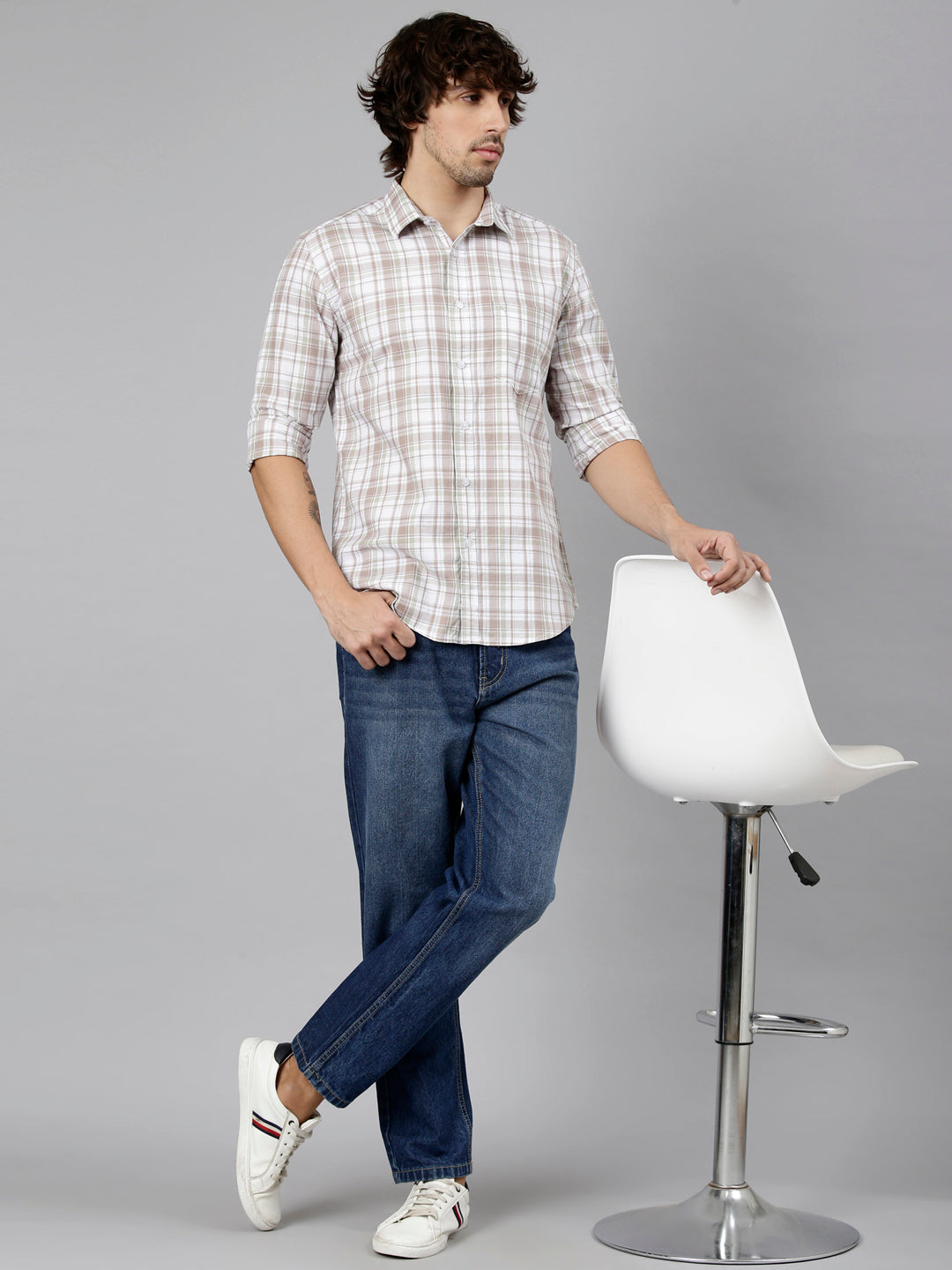 Classic Polo Men's Full Sleeve White Polo Neck Slim Fit Checked Cotton Casual Shirt | LSHS1-EL-58 A-FS-CHK-SF