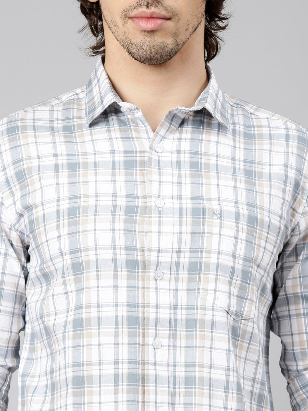 Classic Polo Men's Full Sleeve White Polo Neck Slim Fit Checked Cotton Casual Shirt | LSHS1-EL-58 B-FS-CHK-SF
