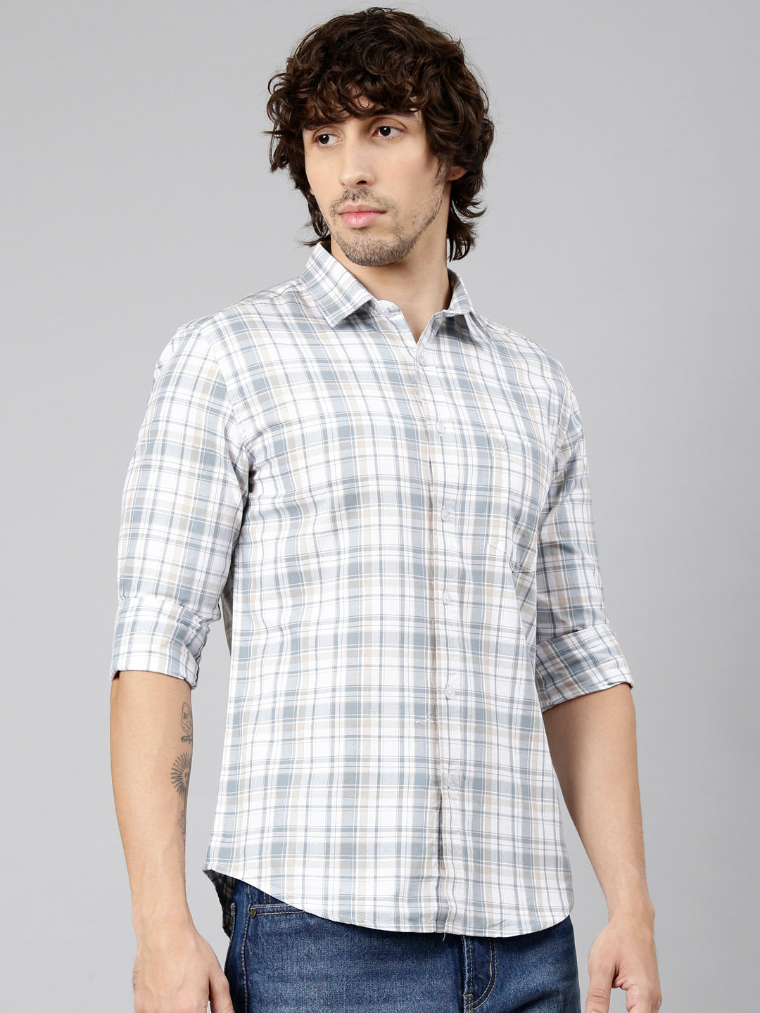 Classic Polo Men's Full Sleeve White Polo Neck Slim Fit Checked Cotton Casual Shirt | LSHS1-EL-58 B-FS-CHK-SF
