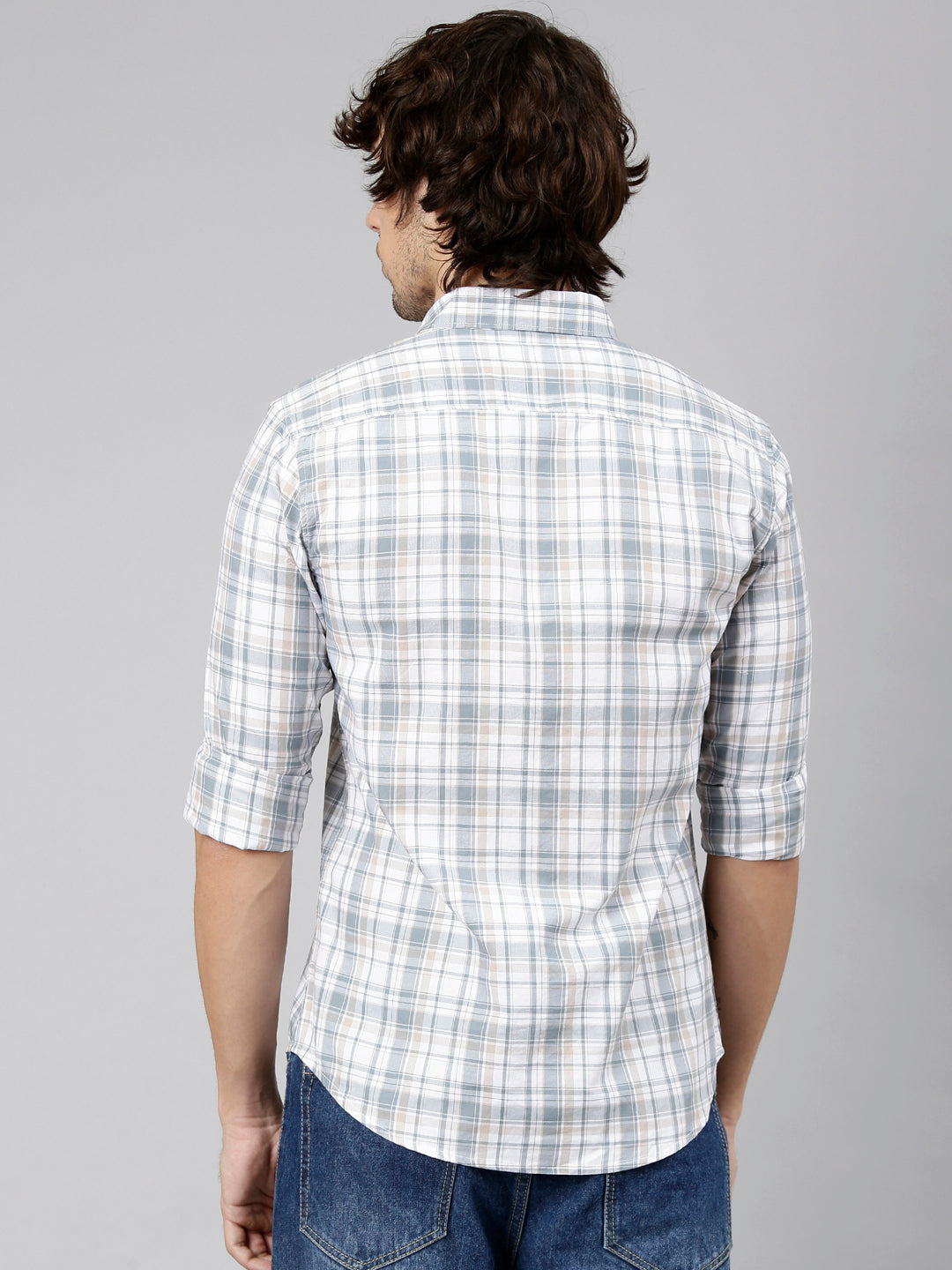 Classic Polo Men's Full Sleeve White Polo Neck Slim Fit Checked Cotton Casual Shirt | LSHS1-EL-58 B-FS-CHK-SF