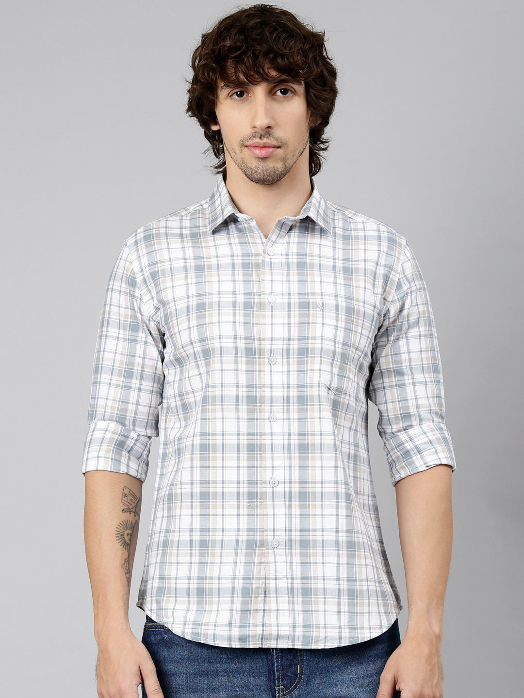 Classic Polo Men's Full Sleeve White Polo Neck Slim Fit Checked Cotton Casual Shirt | LSHS1-EL-58 B-FS-CHK-SF