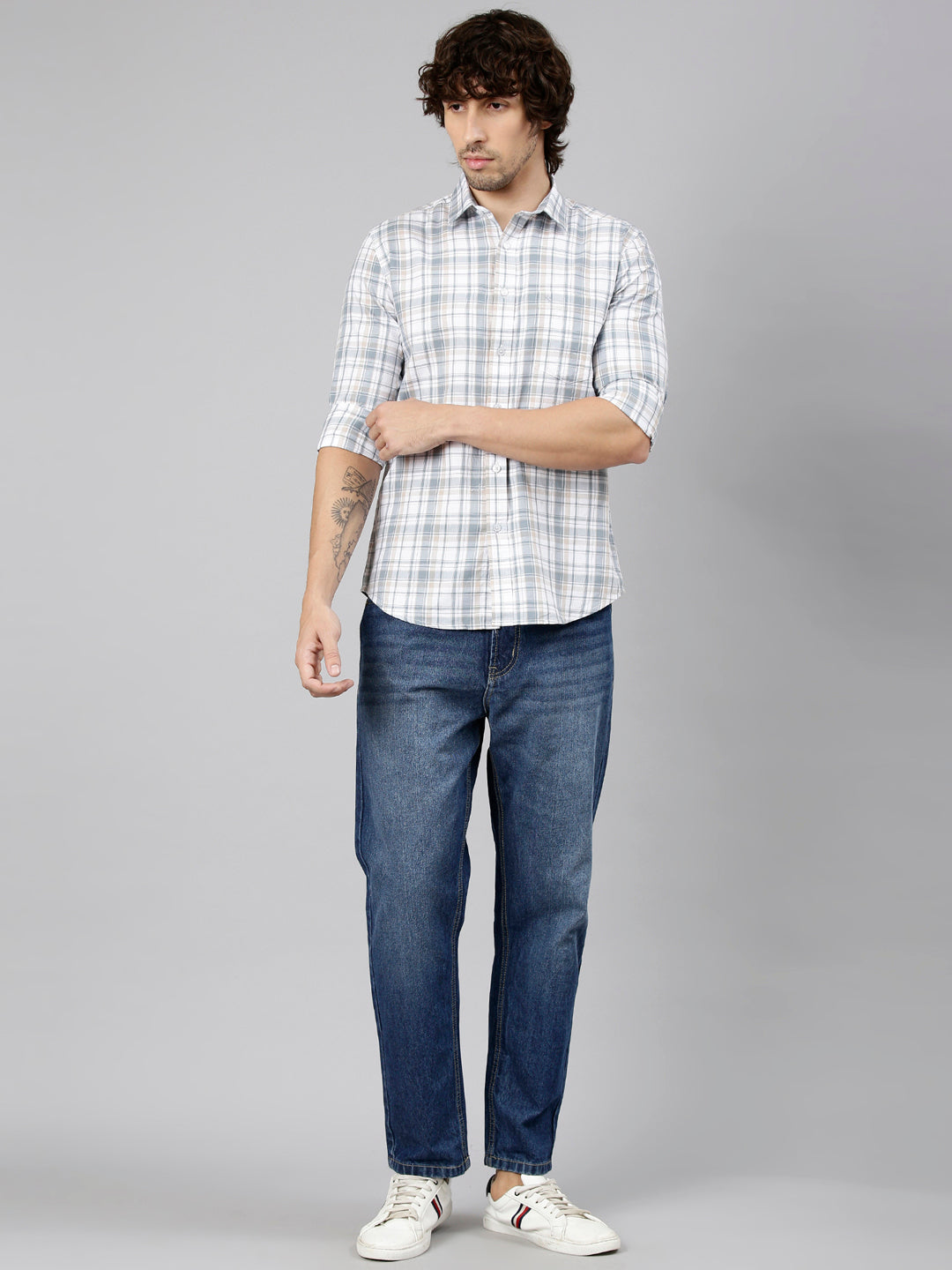 Classic Polo Men's Full Sleeve White Polo Neck Slim Fit Checked Cotton Casual Shirt | LSHS1-EL-58 B-FS-CHK-SF