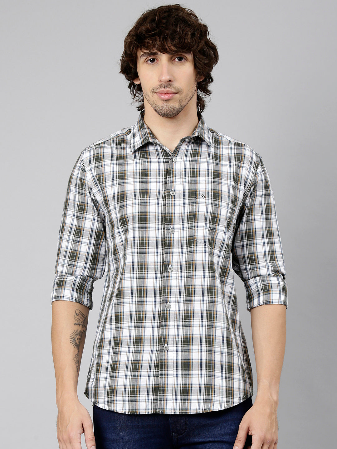 Classic Polo Men's Full Sleeve White Polo Neck Slim Fit Checked Cotton Casual Shirt | LSHS1-EL-59 A-FS-CHK-SF