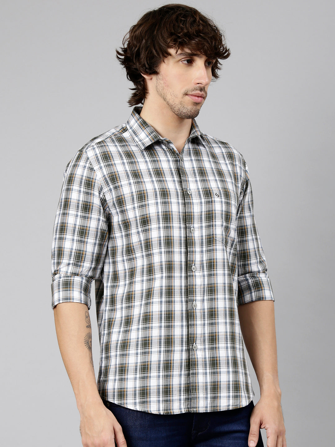Classic Polo Men's Full Sleeve White Polo Neck Slim Fit Checked Cotton Casual Shirt | LSHS1-EL-59 A-FS-CHK-SF