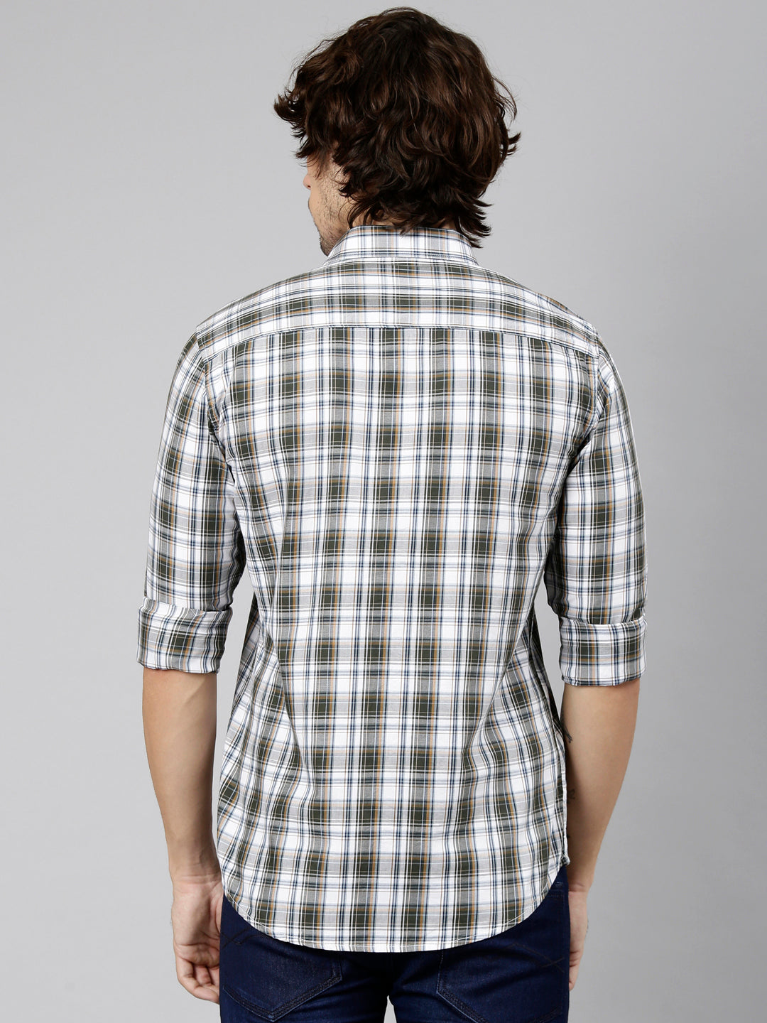 Classic Polo Men's Full Sleeve White Polo Neck Slim Fit Checked Cotton Casual Shirt | LSHS1-EL-59 A-FS-CHK-SF