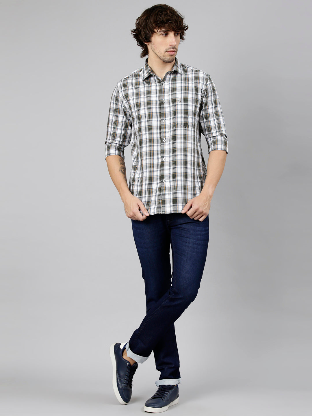 Classic Polo Men's Full Sleeve White Polo Neck Slim Fit Checked Cotton Casual Shirt | LSHS1-EL-59 A-FS-CHK-SF