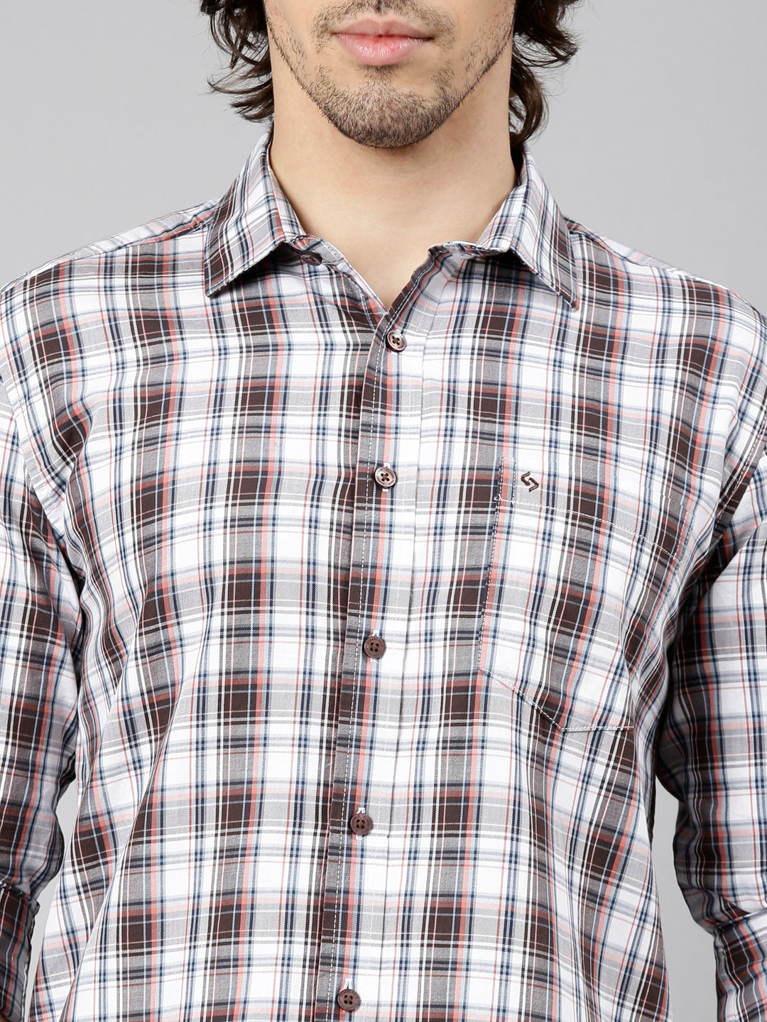 Classic Polo Men's Full Sleeve White Polo Neck Slim Fit Checked Cotton Casual Shirt | LSHS1-EL-59 B-FS-CHK-SF