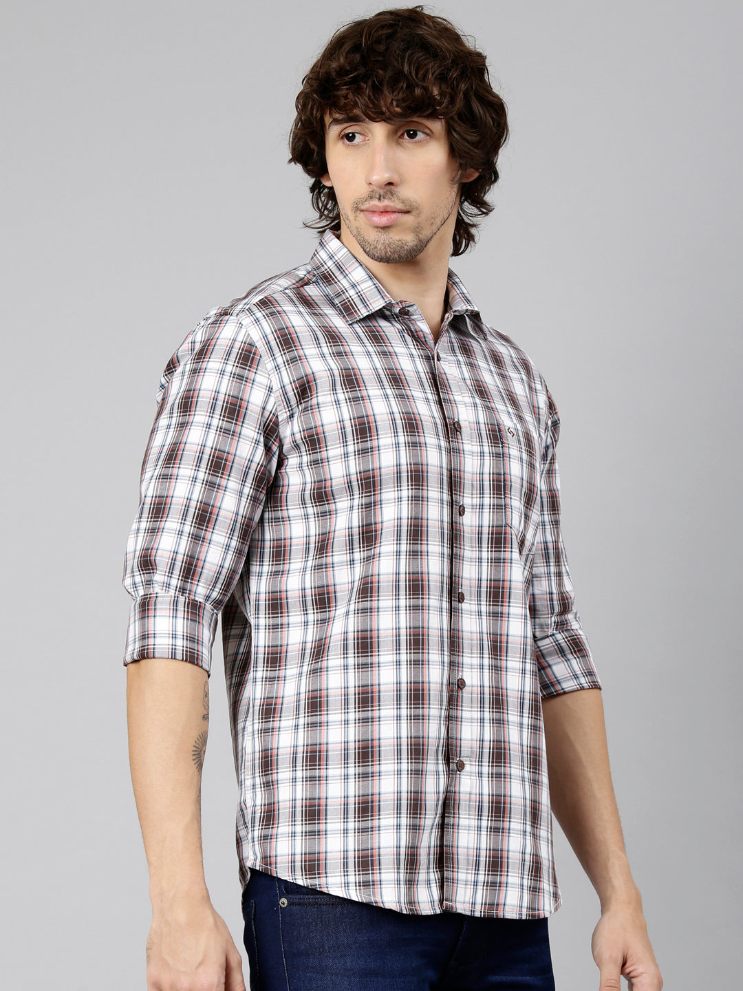 Classic Polo Men's Full Sleeve White Polo Neck Slim Fit Checked Cotton Casual Shirt | LSHS1-EL-59 B-FS-CHK-SF
