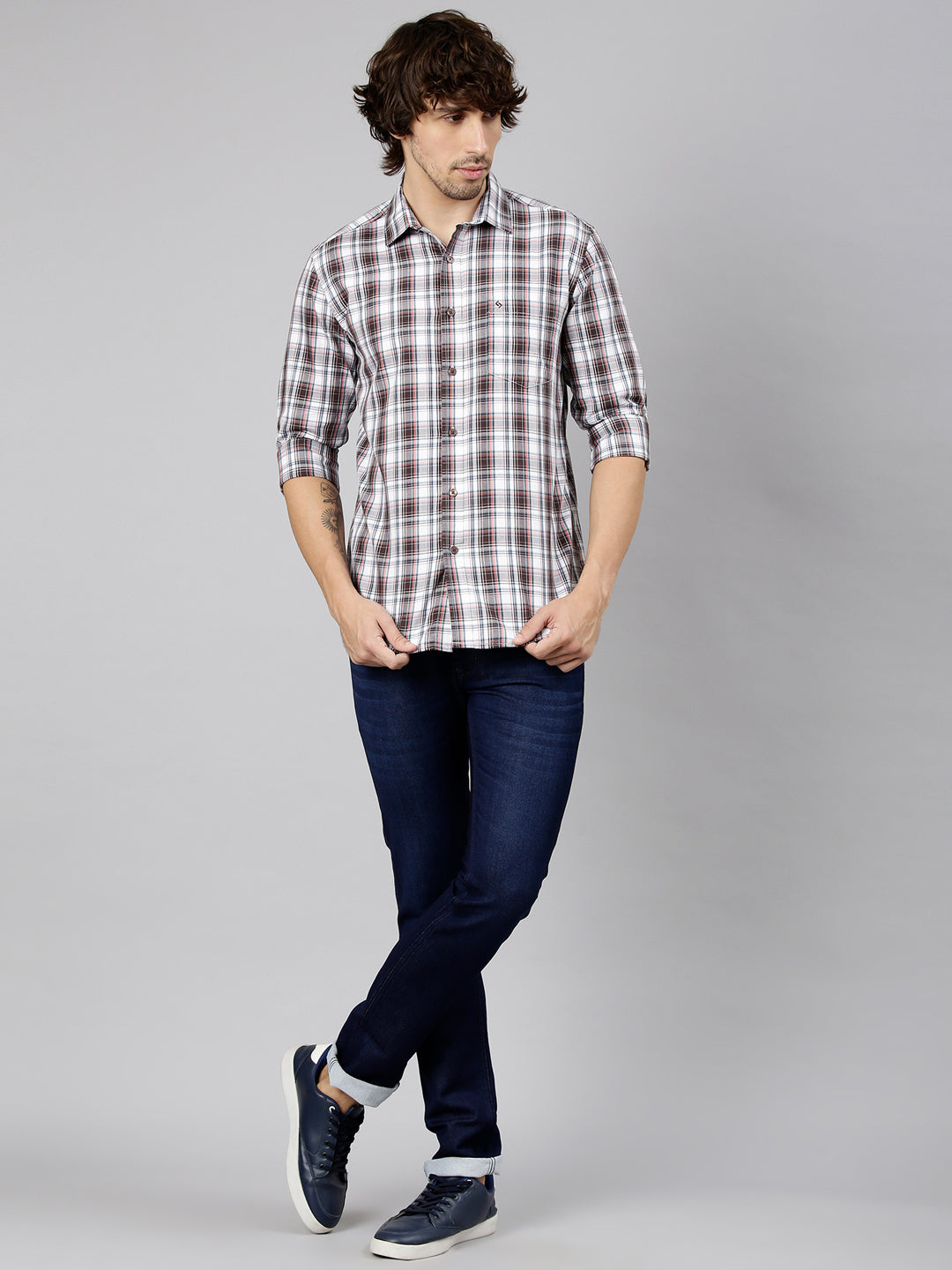 Classic Polo Men's Full Sleeve White Polo Neck Slim Fit Checked Cotton Casual Shirt | LSHS1-EL-59 B-FS-CHK-SF