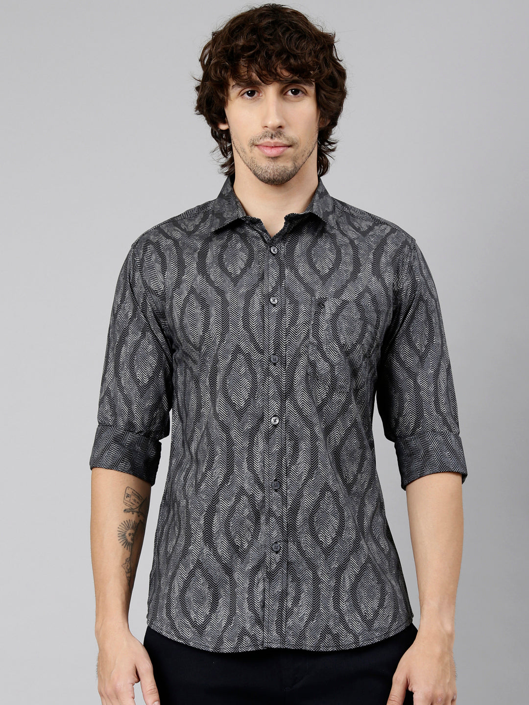 Classic Polo Men's Full Sleeve Grey Polo Neck Slim Fit Printed Cotton Casual Shirt | LSHS1-EL-61 A-FS-PRT-SF