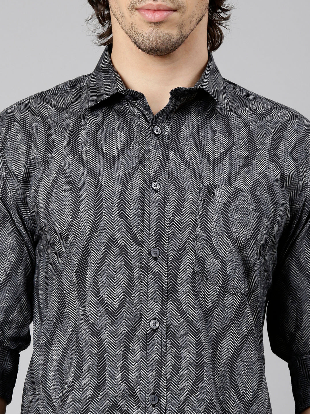 Classic Polo Men's Full Sleeve Grey Polo Neck Slim Fit Printed Cotton Casual Shirt | LSHS1-EL-61 A-FS-PRT-SF