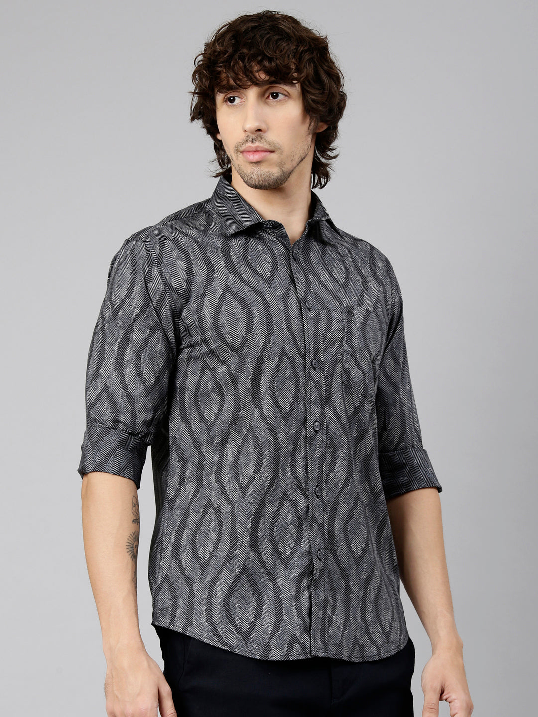 Classic Polo Men's Full Sleeve Grey Polo Neck Slim Fit Printed Cotton Casual Shirt | LSHS1-EL-61 A-FS-PRT-SF