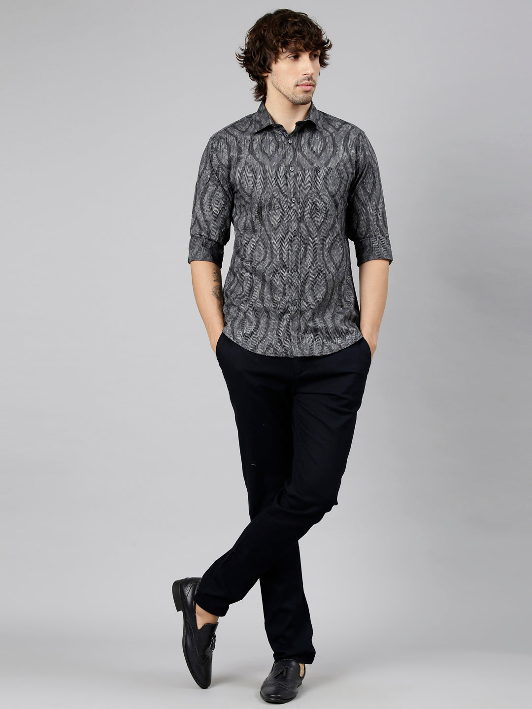 Classic Polo Men's Full Sleeve Grey Polo Neck Slim Fit Printed Cotton Casual Shirt | LSHS1-EL-61 A-FS-PRT-SF