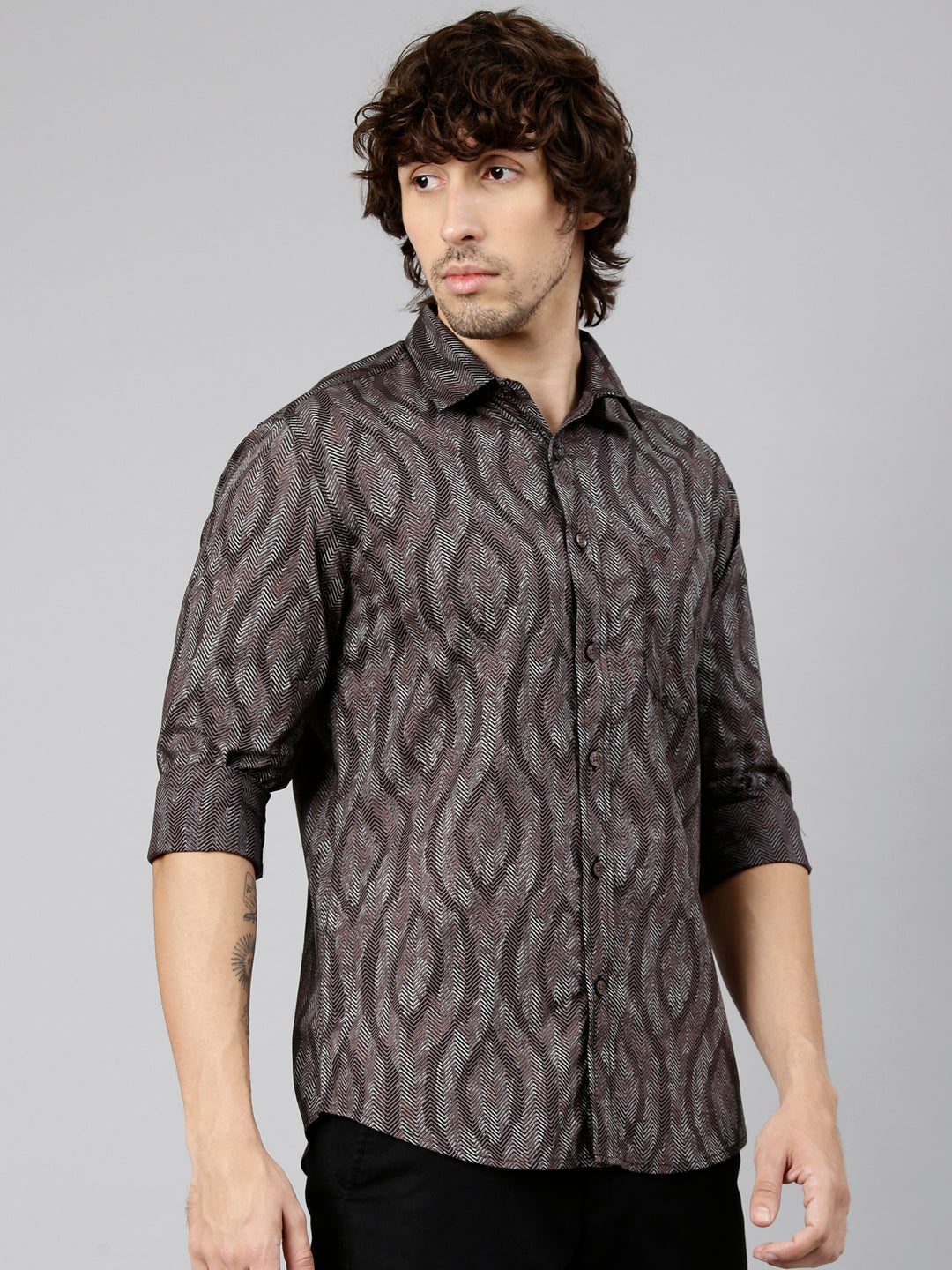 Classic Polo Men's Full Sleeve Brown Polo Neck Slim Fit Printed Cotton Casual Shirt | LSHS1-EL-61 B-FS-PRT-SF