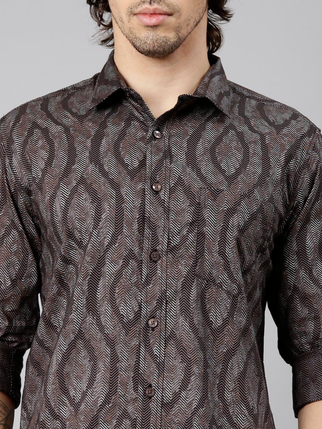 Classic Polo Men's Full Sleeve Brown Polo Neck Slim Fit Printed Cotton Casual Shirt | LSHS1-EL-61 B-FS-PRT-SF