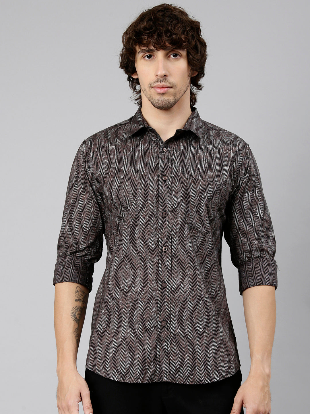 Classic Polo Men's Full Sleeve Brown Polo Neck Slim Fit Printed Cotton Casual Shirt | LSHS1-EL-61 B-FS-PRT-SF