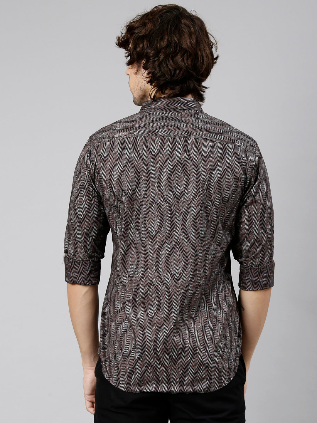 Classic Polo Men's Full Sleeve Brown Polo Neck Slim Fit Printed Cotton Casual Shirt | LSHS1-EL-61 B-FS-PRT-SF
