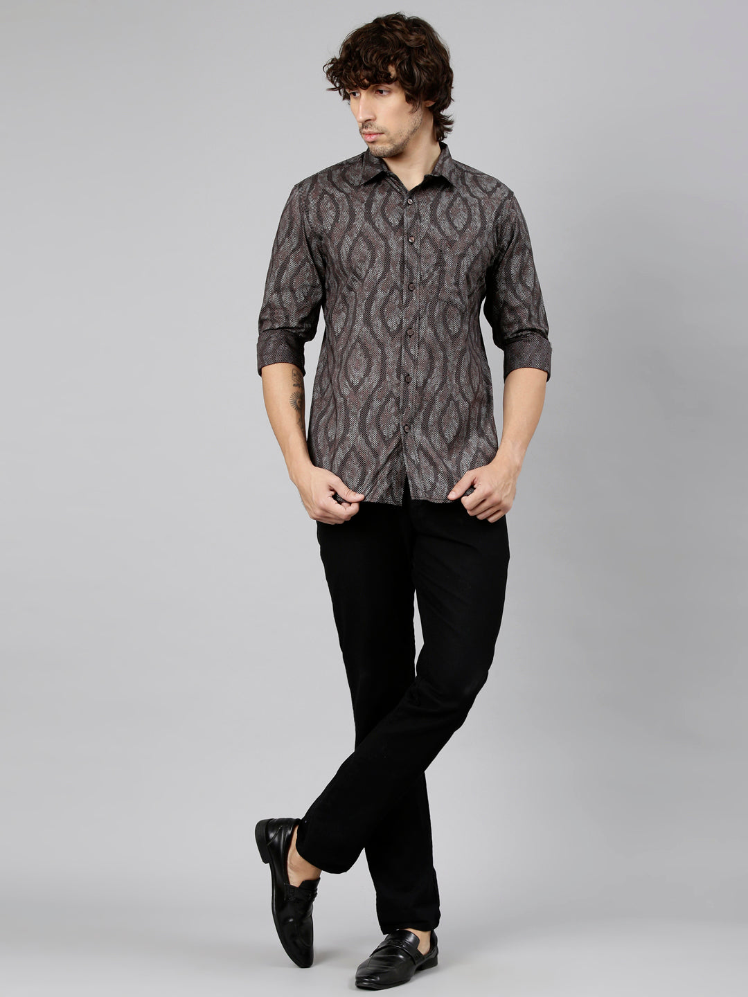 Classic Polo Men's Full Sleeve Brown Polo Neck Slim Fit Printed Cotton Casual Shirt | LSHS1-EL-61 B-FS-PRT-SF