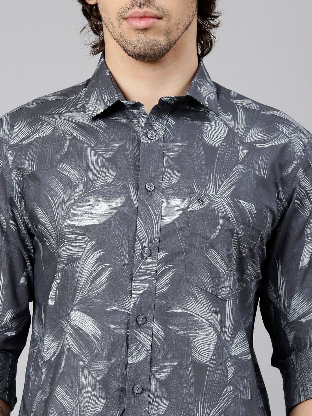 Classic Polo Men's Full Sleeve Charcoal Black Polo Neck Slim Fit Printed Cotton Casual Shirt | LSHS1-EL-62 A-FS-PRT-SF