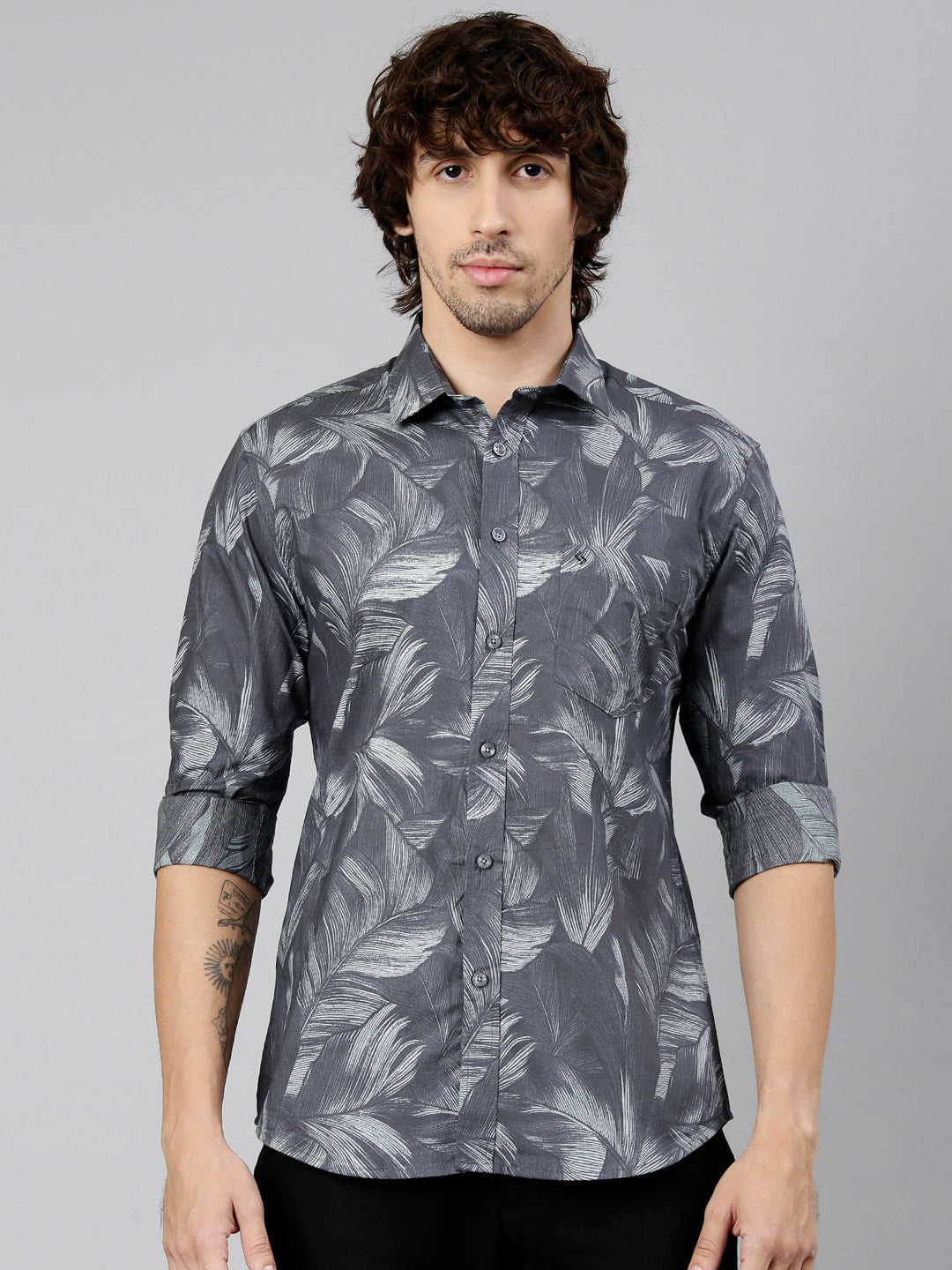 Classic Polo Men's Full Sleeve Charcoal Black Polo Neck Slim Fit Printed Cotton Casual Shirt | LSHS1-EL-62 A-FS-PRT-SF