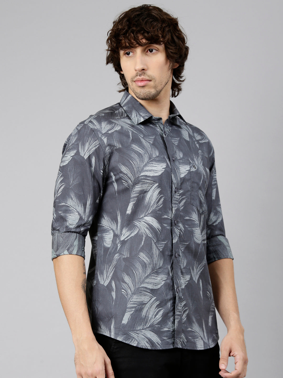 Classic Polo Men's Full Sleeve Charcoal Black Polo Neck Slim Fit Printed Cotton Casual Shirt | LSHS1-EL-62 A-FS-PRT-SF