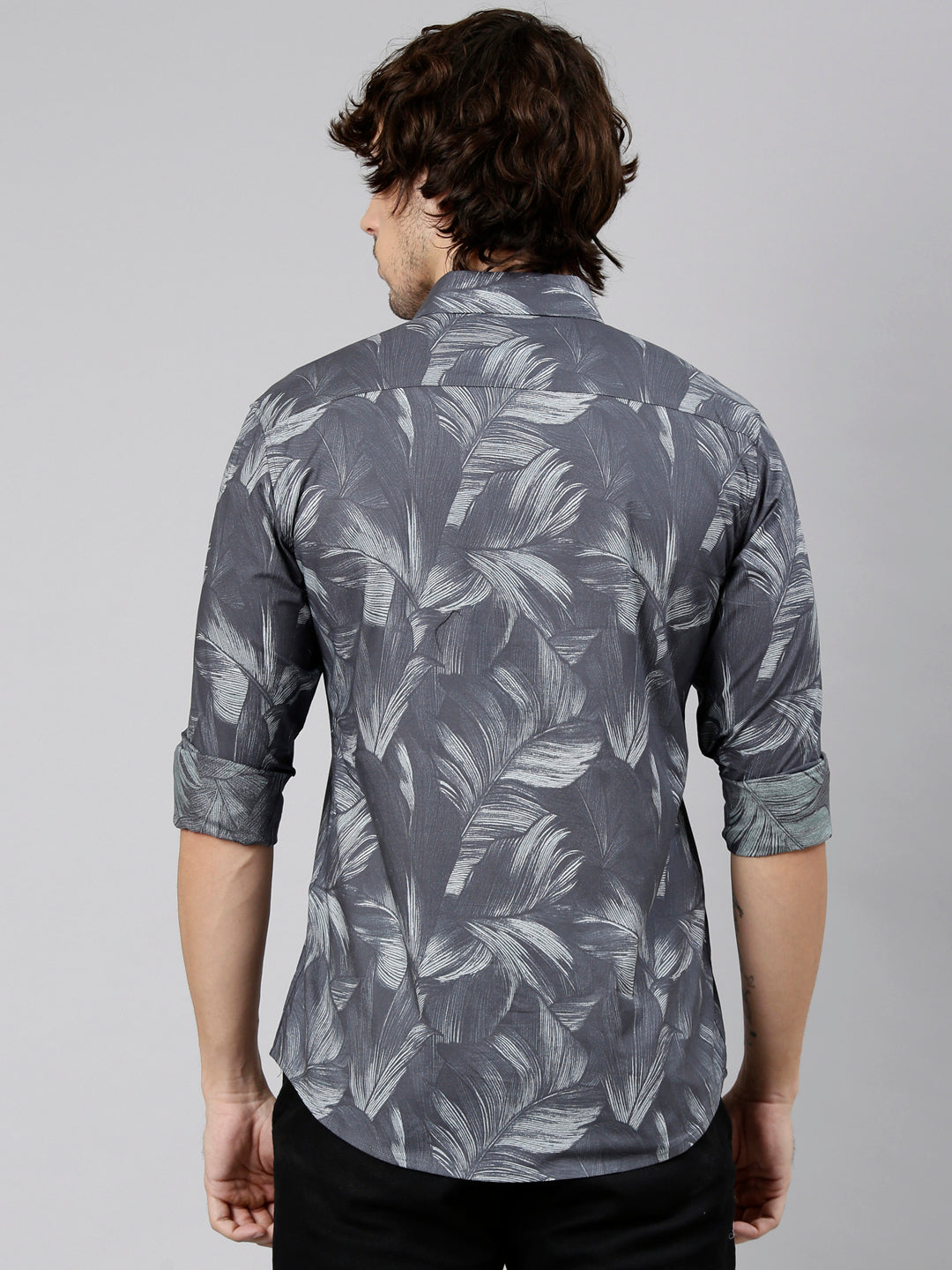 Classic Polo Men's Full Sleeve Charcoal Black Polo Neck Slim Fit Printed Cotton Casual Shirt | LSHS1-EL-62 A-FS-PRT-SF