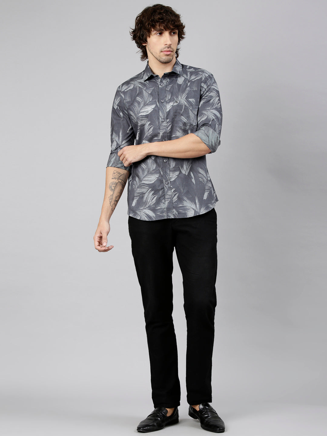 Classic Polo Men's Full Sleeve Charcoal Black Polo Neck Slim Fit Printed Cotton Casual Shirt | LSHS1-EL-62 A-FS-PRT-SF