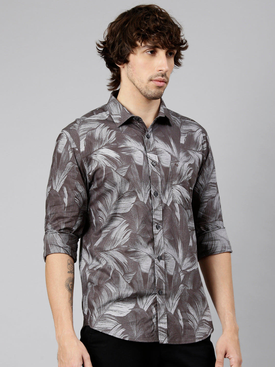 Classic Polo Men's Full Sleeve Brown Polo Neck Slim Fit Printed Cotton Casual Shirt | LSHS1-EL-62 B-FS-PRT-SF