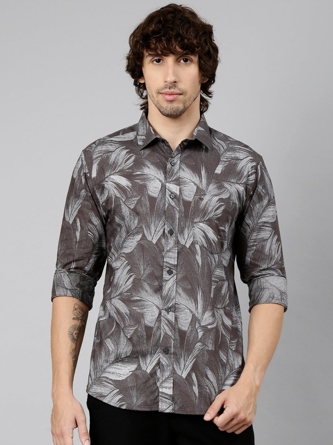 Classic Polo Men's Full Sleeve Brown Polo Neck Slim Fit Printed Cotton Casual Shirt | LSHS1-EL-62 B-FS-PRT-SF