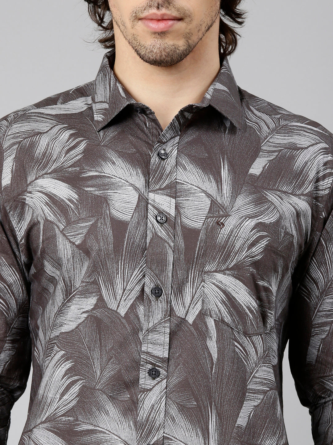 Classic Polo Men's Full Sleeve Brown Polo Neck Slim Fit Printed Cotton Casual Shirt | LSHS1-EL-62 B-FS-PRT-SF
