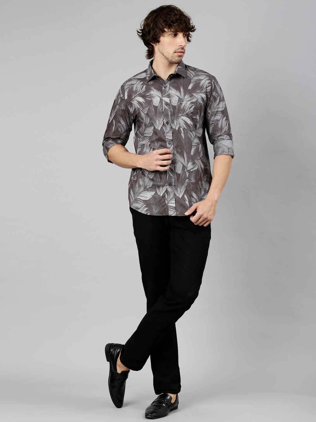 Classic Polo Men's Full Sleeve Brown Polo Neck Slim Fit Printed Cotton Casual Shirt | LSHS1-EL-62 B-FS-PRT-SF