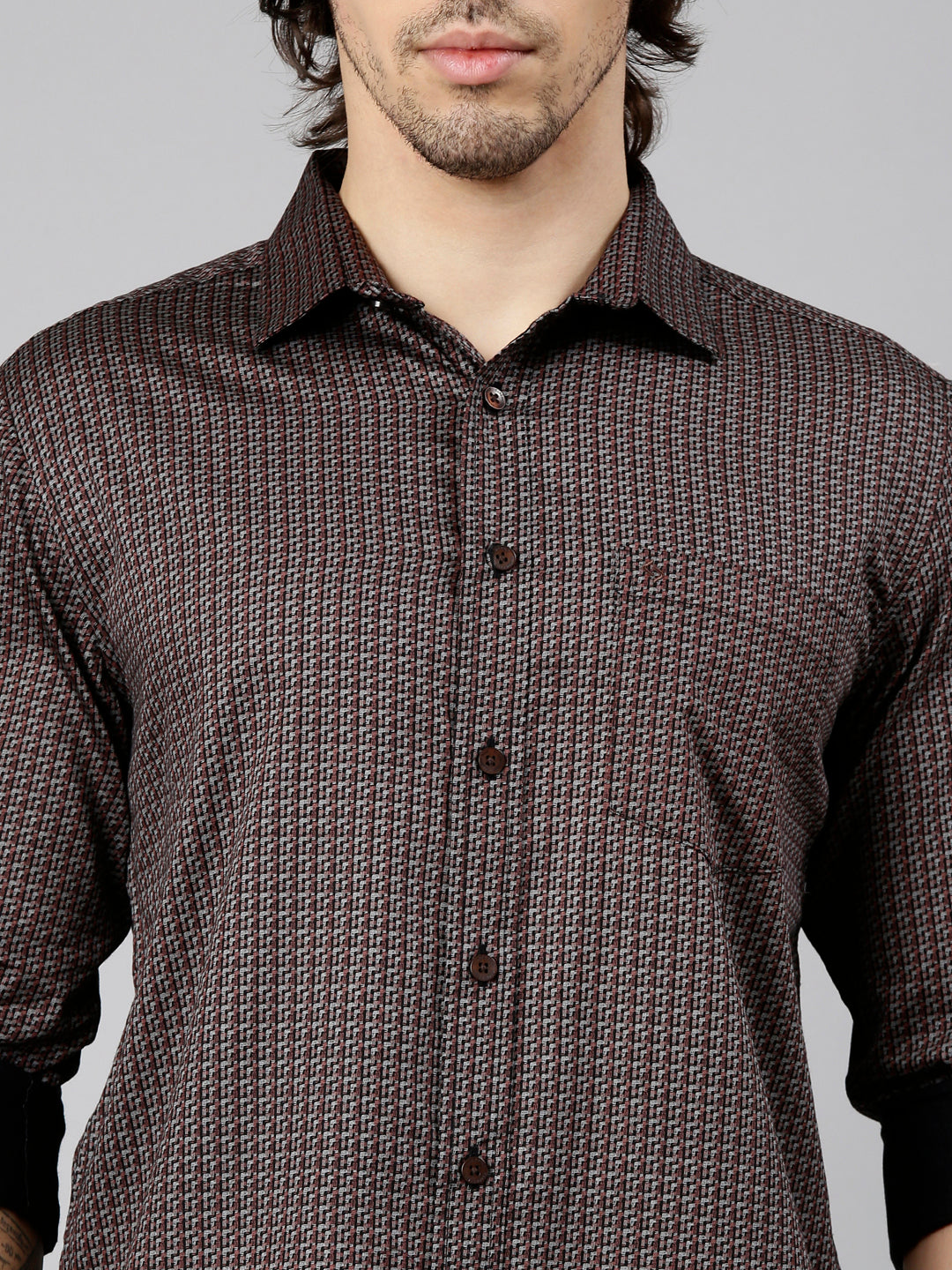 Classic Polo Men's Full Sleeve Burgundy Polo Neck Slim Fit Printed Cotton Casual Shirt | LSHS1-EL-64 B-FS-PRT-SF