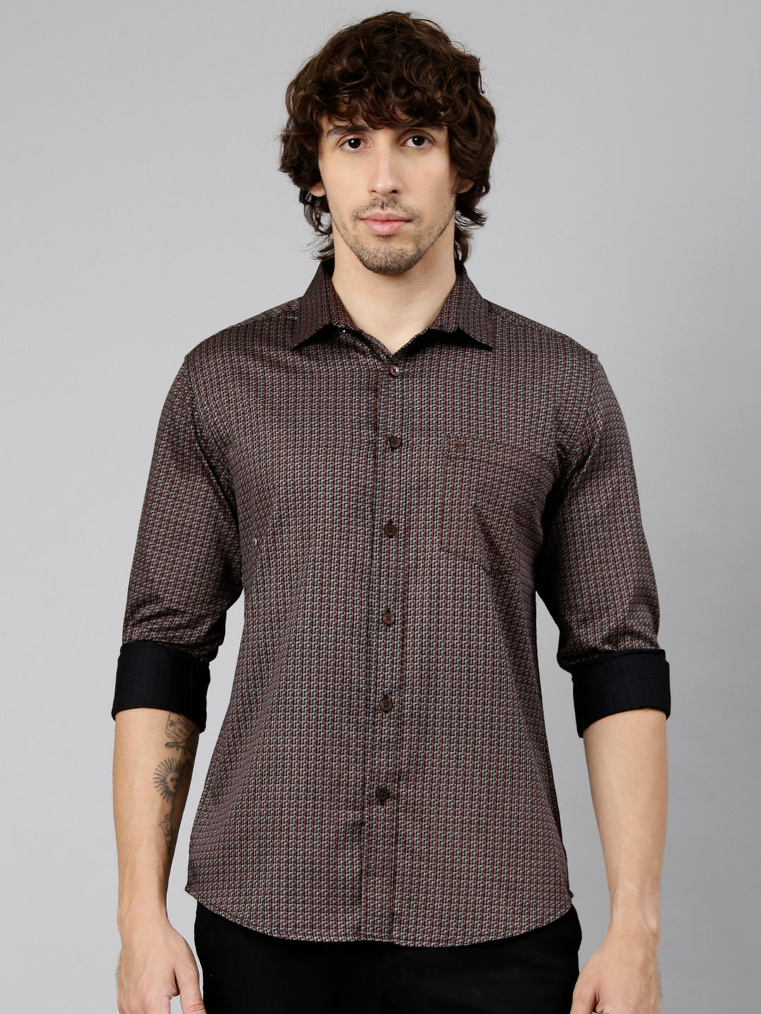Classic Polo Men's Full Sleeve Burgundy Polo Neck Slim Fit Printed Cotton Casual Shirt | LSHS1-EL-64 B-FS-PRT-SF