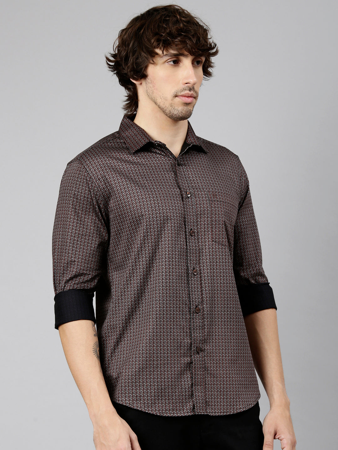 Classic Polo Men's Full Sleeve Burgundy Polo Neck Slim Fit Printed Cotton Casual Shirt | LSHS1-EL-64 B-FS-PRT-SF