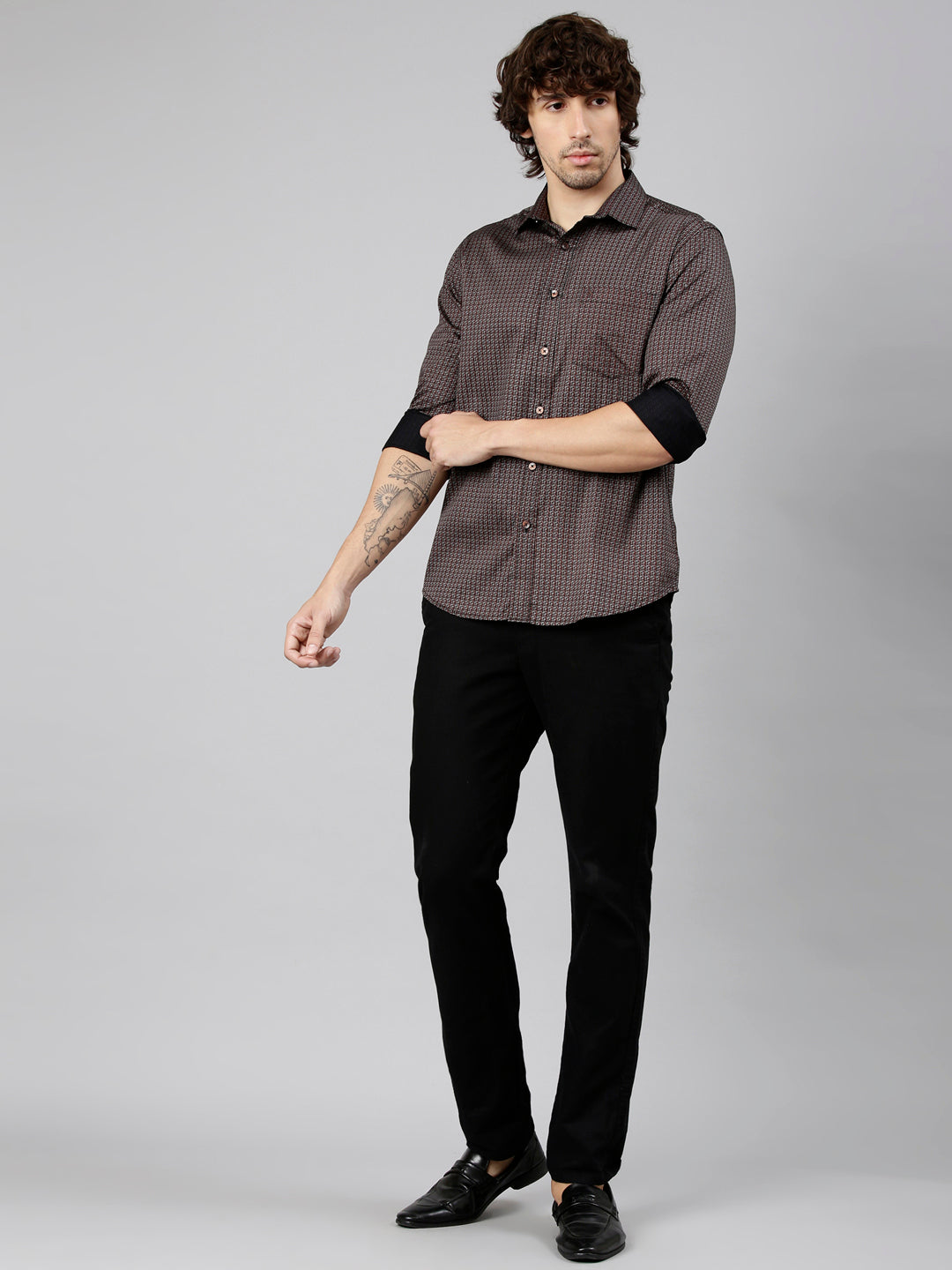 Classic Polo Men's Full Sleeve Burgundy Polo Neck Slim Fit Printed Cotton Casual Shirt | LSHS1-EL-64 B-FS-PRT-SF