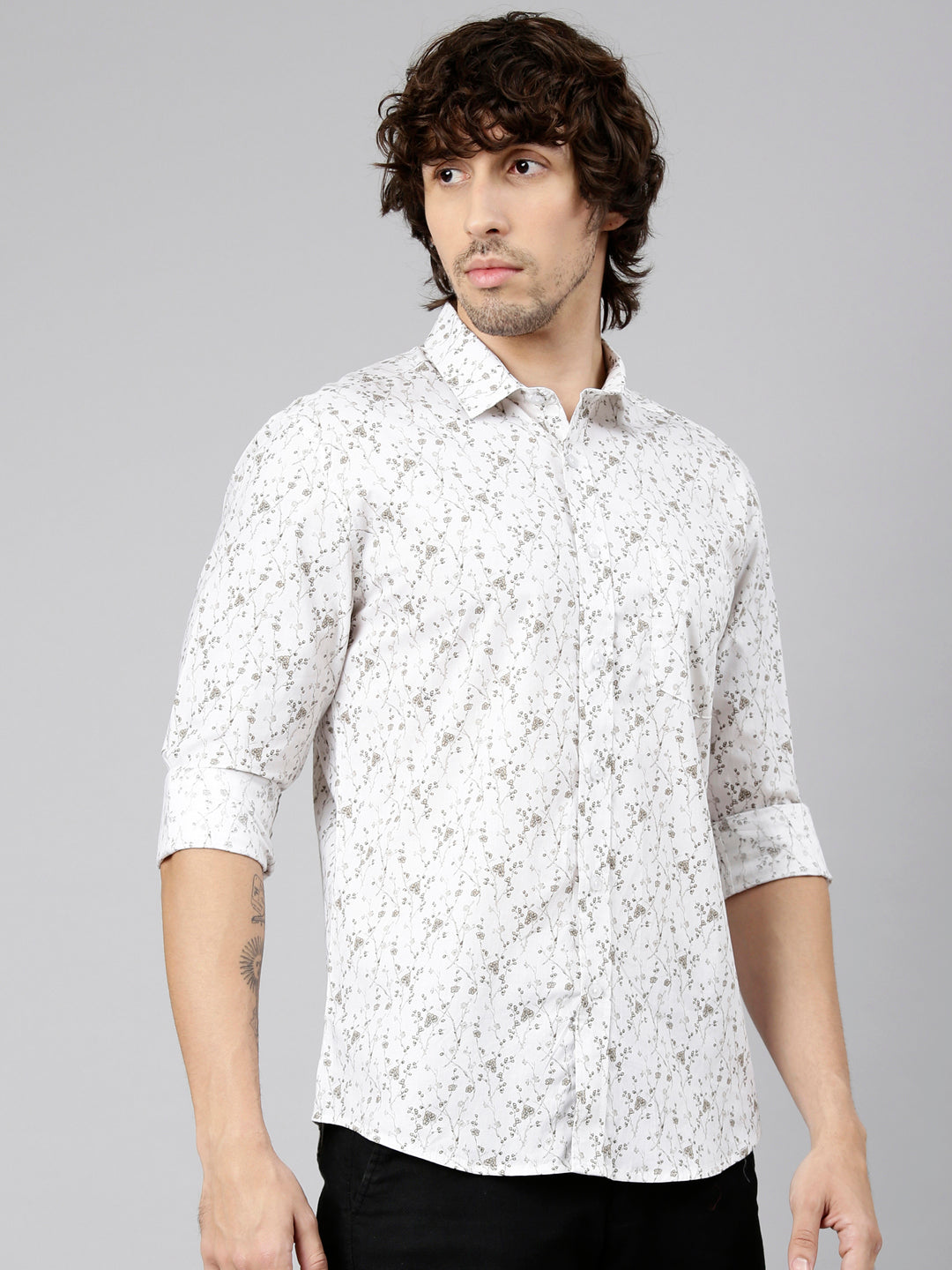 Classic Polo Men's Full Sleeve White Polo Neck Slim Fit Printed Cotton Casual Shirt | LSHS1-EL-65 A-FS-PRT-SF