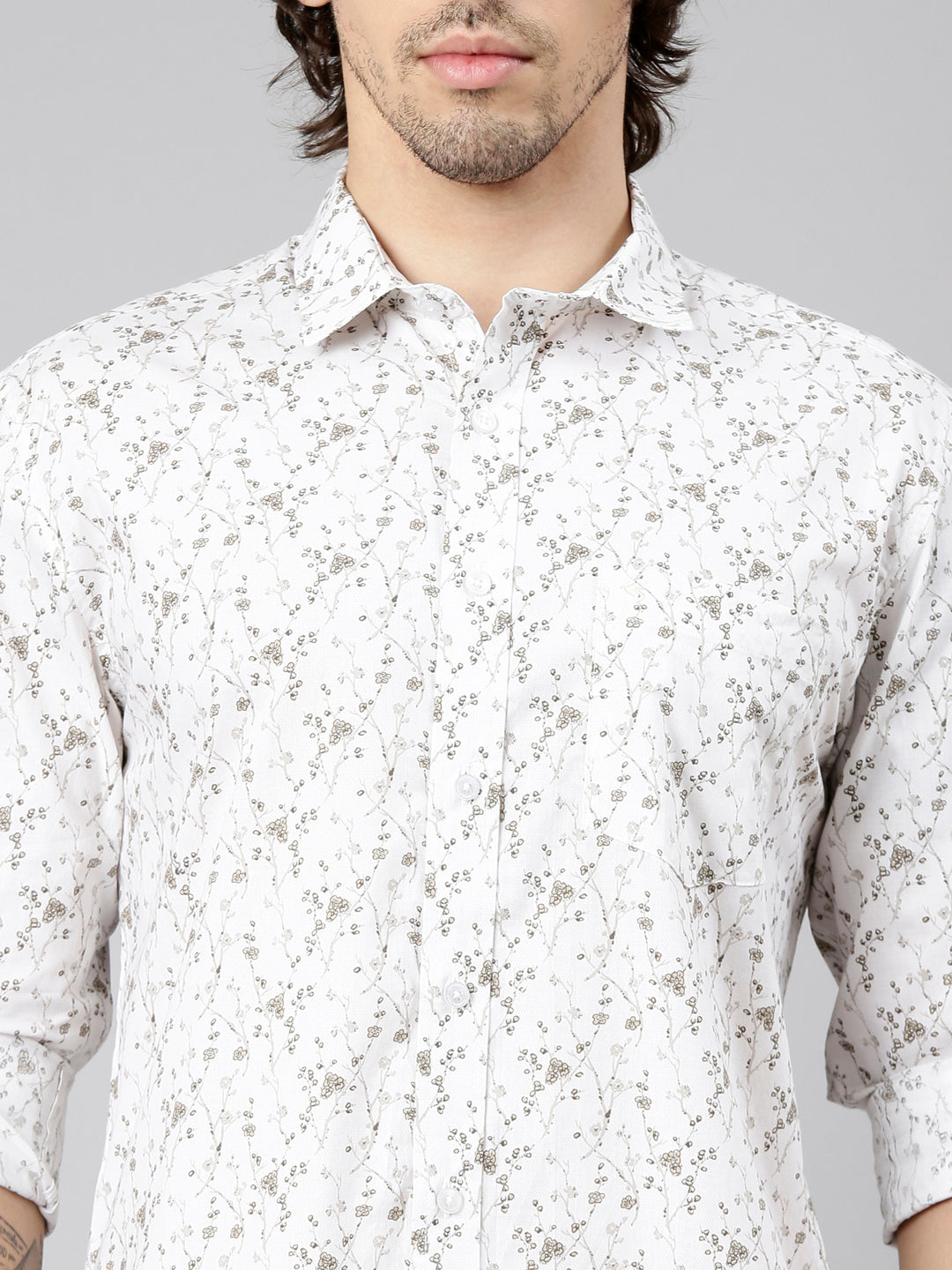 Classic Polo Men's Full Sleeve White Polo Neck Slim Fit Printed Cotton Casual Shirt | LSHS1-EL-65 A-FS-PRT-SF