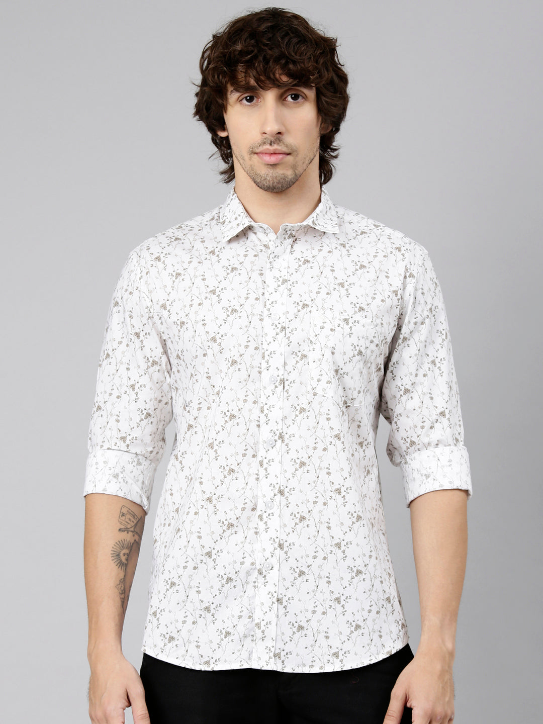 Classic Polo Men's Full Sleeve White Polo Neck Slim Fit Printed Cotton Casual Shirt | LSHS1-EL-65 A-FS-PRT-SF