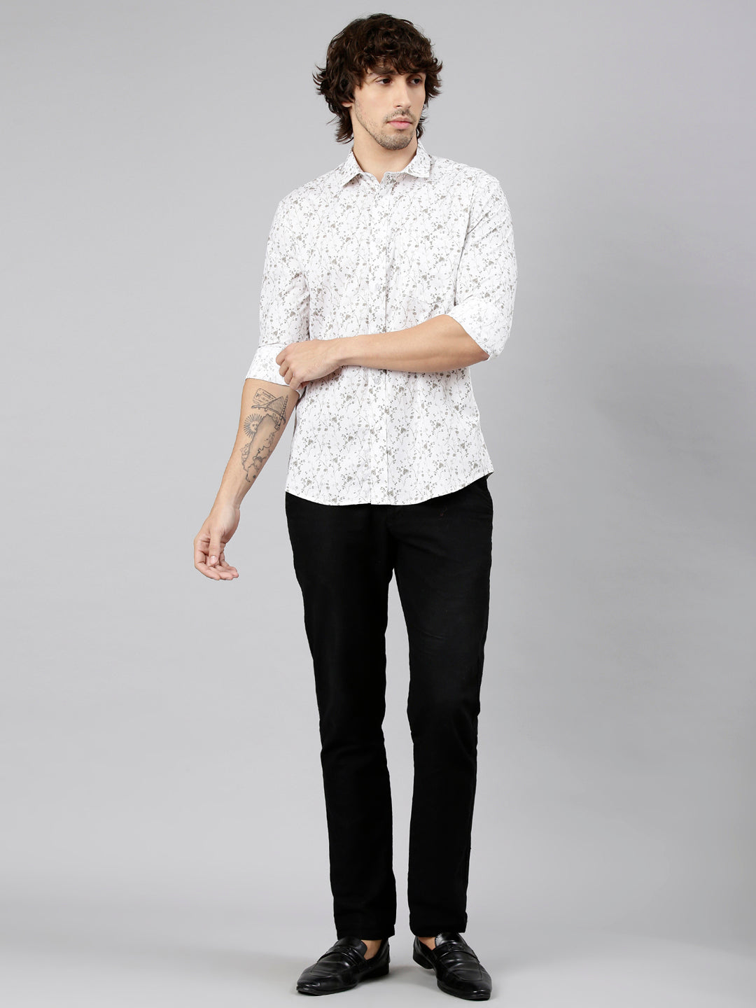 Classic Polo Men's Full Sleeve White Polo Neck Slim Fit Printed Cotton Casual Shirt | LSHS1-EL-65 A-FS-PRT-SF