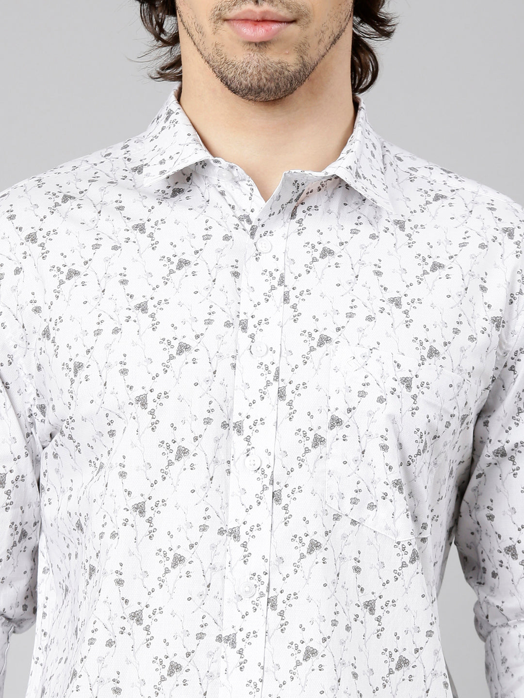 Classic Polo Men's Full Sleeve White Polo Neck Slim Fit Printed Cotton Casual Shirt | LSHS1-EL-65 B-FS-PRT-SF