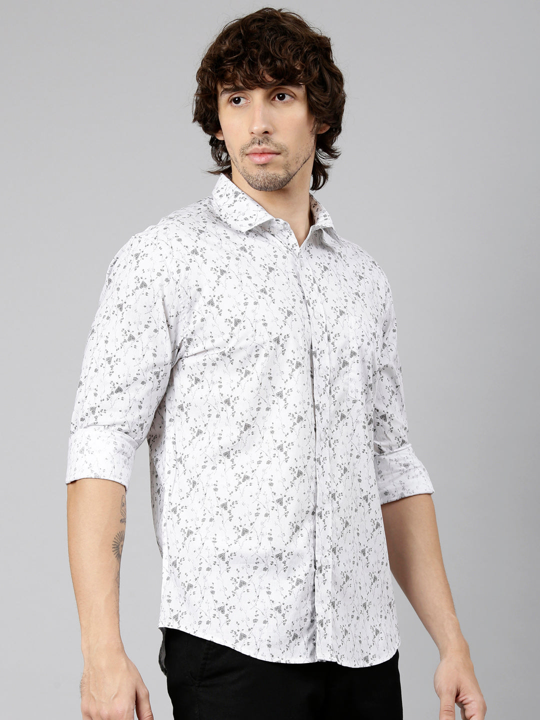 Classic Polo Men's Full Sleeve White Polo Neck Slim Fit Printed Cotton Casual Shirt | LSHS1-EL-65 B-FS-PRT-SF