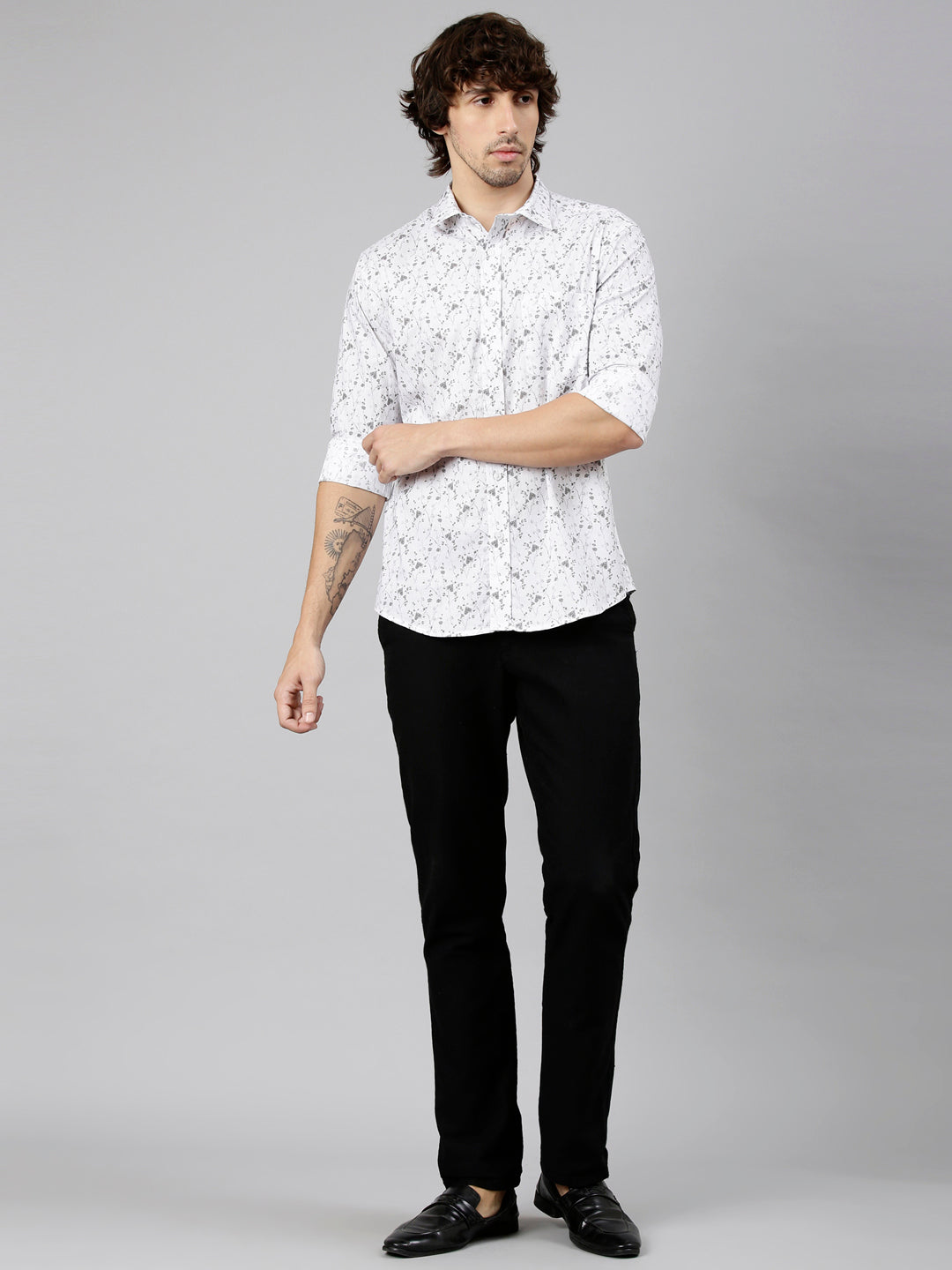 Classic Polo Men's Full Sleeve White Polo Neck Slim Fit Printed Cotton Casual Shirt | LSHS1-EL-65 B-FS-PRT-SF