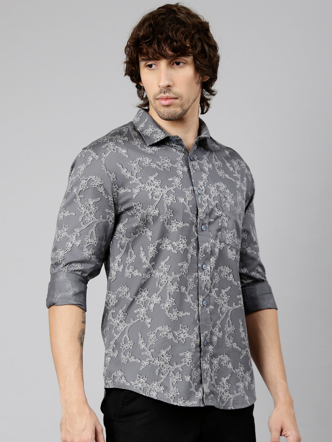 Classic Polo Men's Full Sleeve Dark Grey Polo Neck Slim Fit Printed Cotton Casual Shirt | LSHS1-EL-66 B-FS-PRT-SF