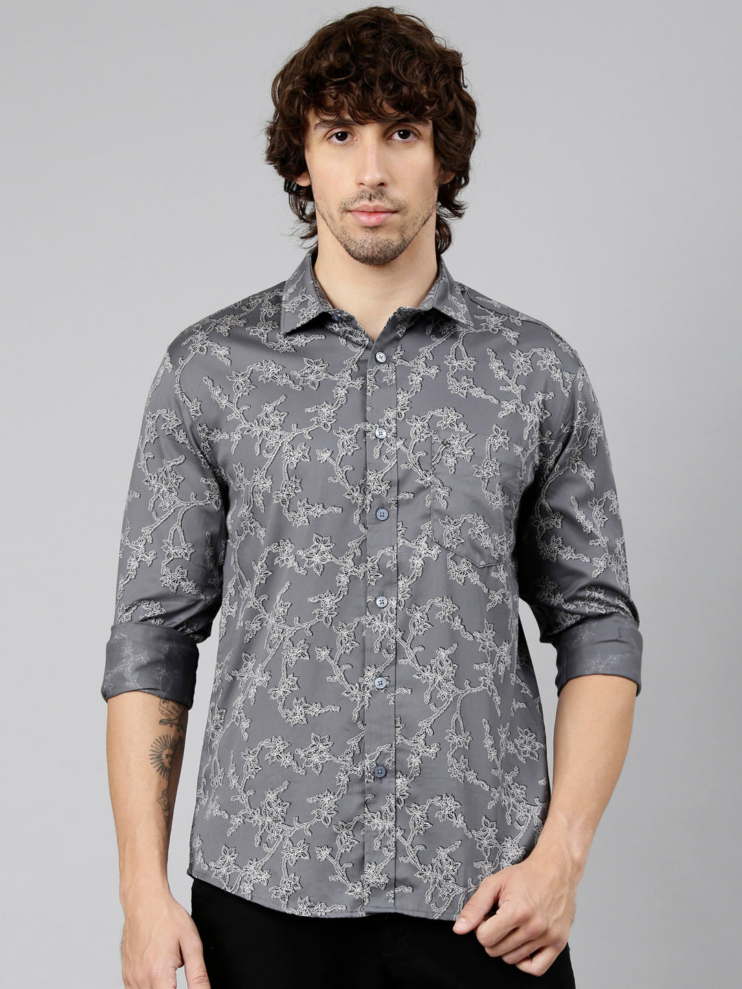 Classic Polo Men's Full Sleeve Dark Grey Polo Neck Slim Fit Printed Cotton Casual Shirt | LSHS1-EL-66 B-FS-PRT-SF