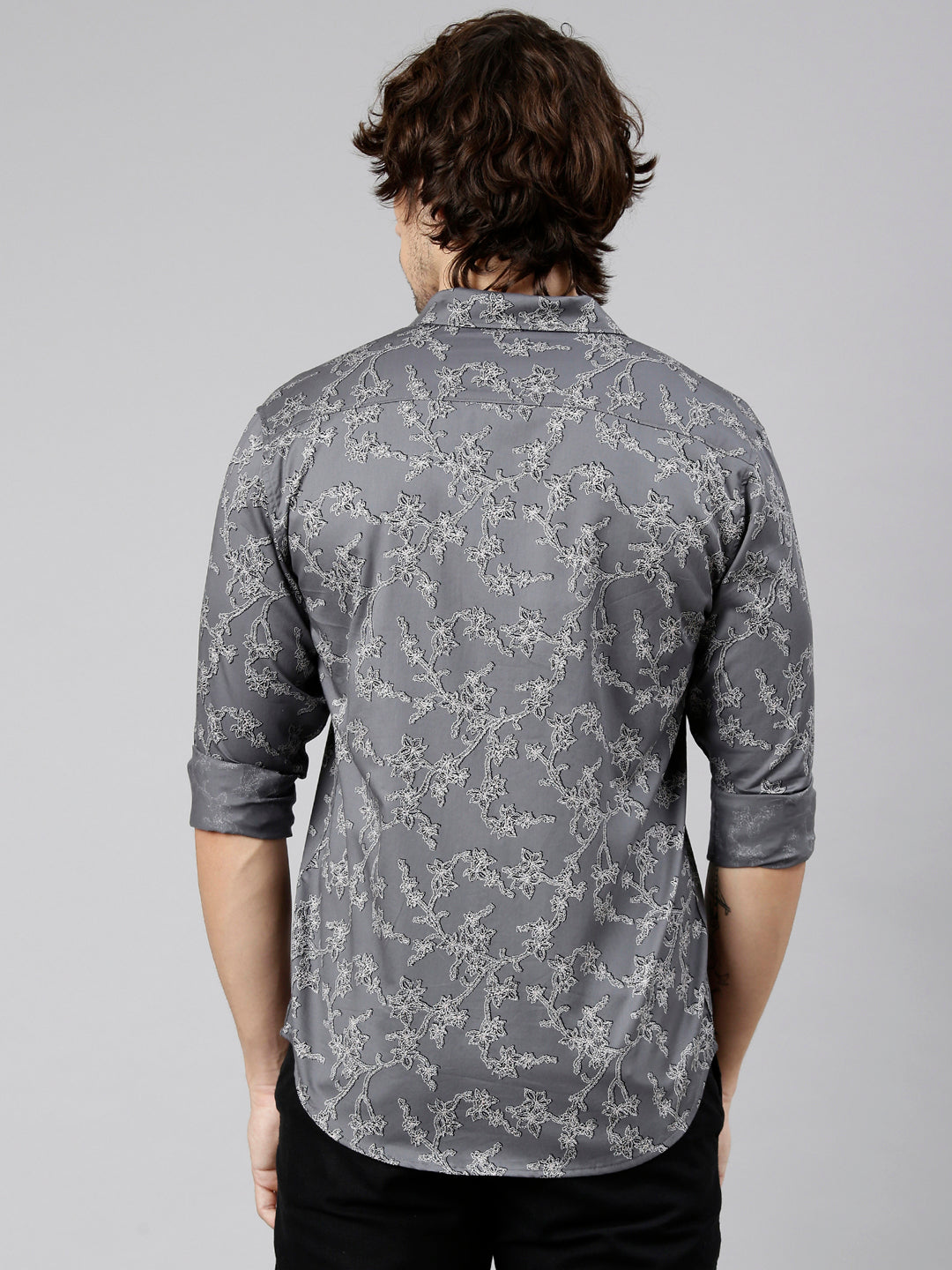 Classic Polo Men's Full Sleeve Dark Grey Polo Neck Slim Fit Printed Cotton Casual Shirt | LSHS1-EL-66 B-FS-PRT-SF