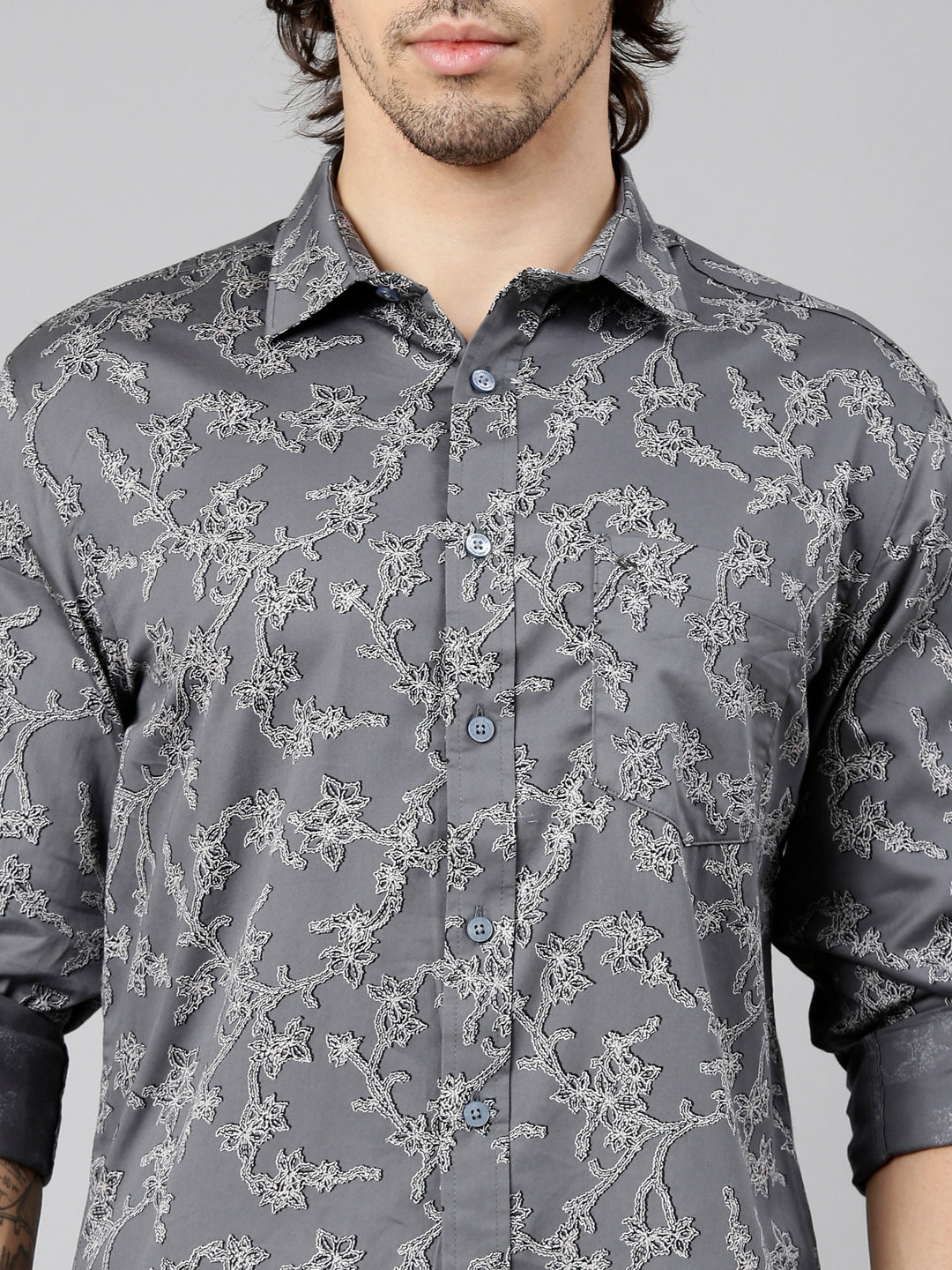 Classic Polo Men's Full Sleeve Dark Grey Polo Neck Slim Fit Printed Cotton Casual Shirt | LSHS1-EL-66 B-FS-PRT-SF